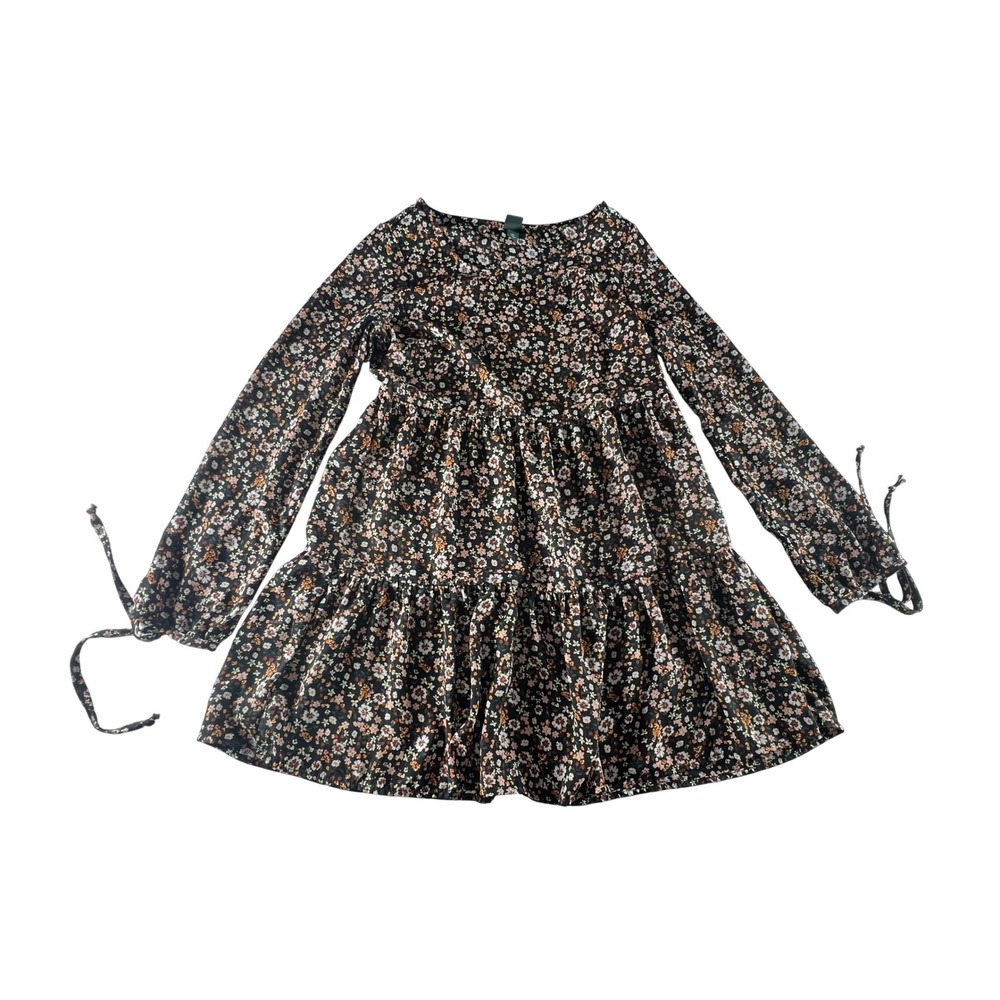 Women's XS Black Floral Tiered Long Sleeve Babydoll Mini Dress Boho Casual